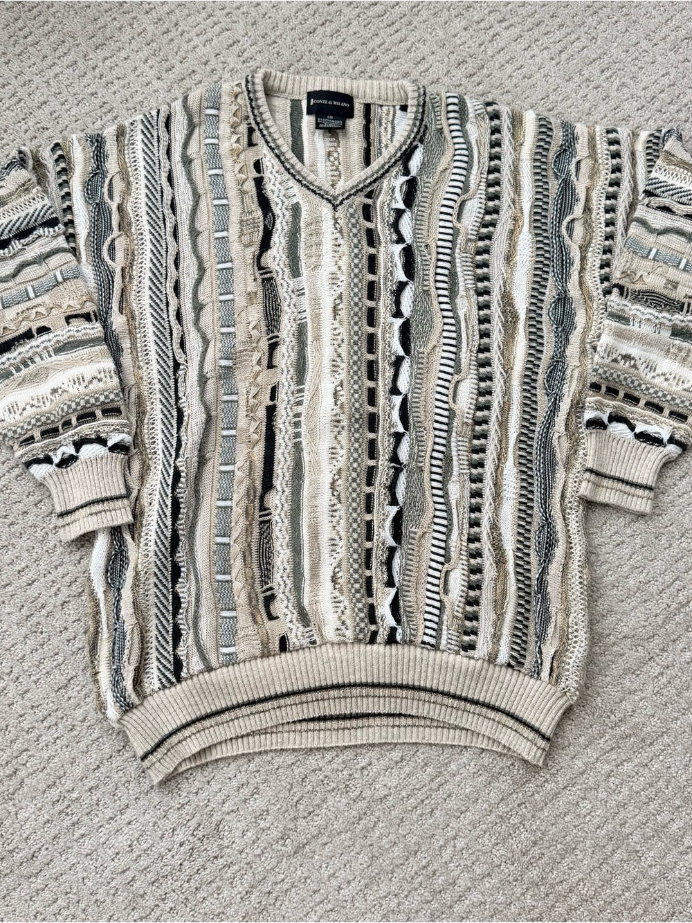 American Vintage Coogi Style Beige and Black Striped Knit Sweater - Picture 1 of 5